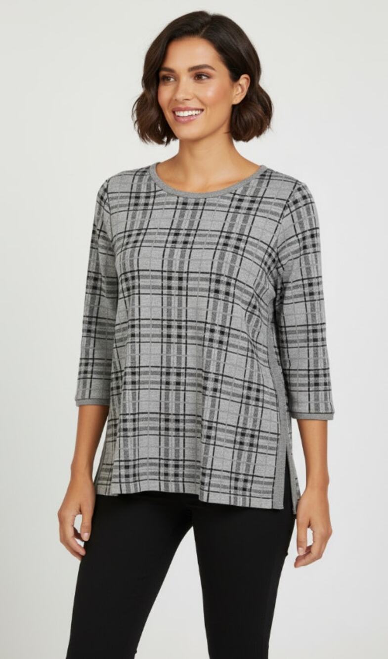 J. JILL TOP WOMENS XLARGE GRAY BLACK SILVER PLAID SHIMMER KNIT TUNIC